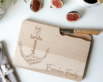Plateau de petit-déjeuner familial personnalisé avec nom et couteau | Planche en bois avec noms de famille | Planche à lunch avec ancre