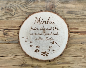 Placa conmemorativa de madera auténtica para gatos con corteza | Placa redonda conmemorativa para gatos con inscripción y nombre | Piedra conmemorativa para animales, aprox. 30 cm de diámetro