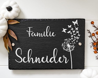 Door sign with family and name, house signs made of slate personalized, with fastening material