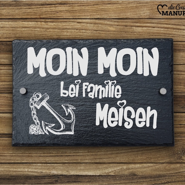 Personalisiertes Hausschild aus Schiefer Moin Moin personalisiert mit Familiennamen | Türschild 30 x 20 cm mit Abstandshalter