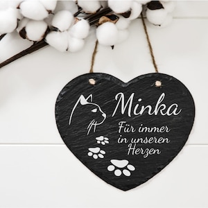 Plaque commémorative en ardoise en forme de cœur pour chats, pierre commémorative pour chats avec motif, inscription et nom, mémorial pour animaux de compagnie