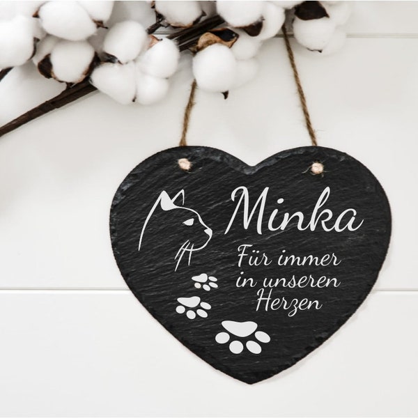 Gedenktafel für Katzen aus Schiefer in Herzform, Gedenkstein Katze mit Motiv, Spruch und Namen, Erinnerung Haustiere