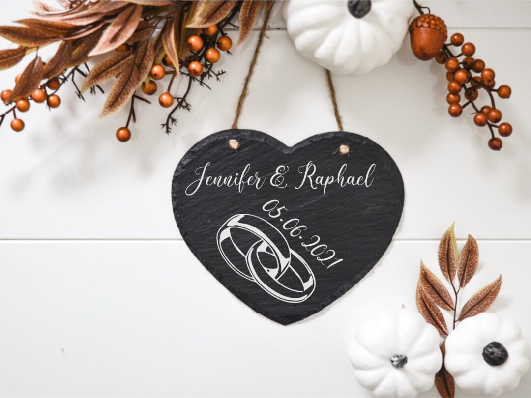 Slate Name Rings Heart-shaped Slate Personalized With Name and Date, Wedding Rings Motif ...