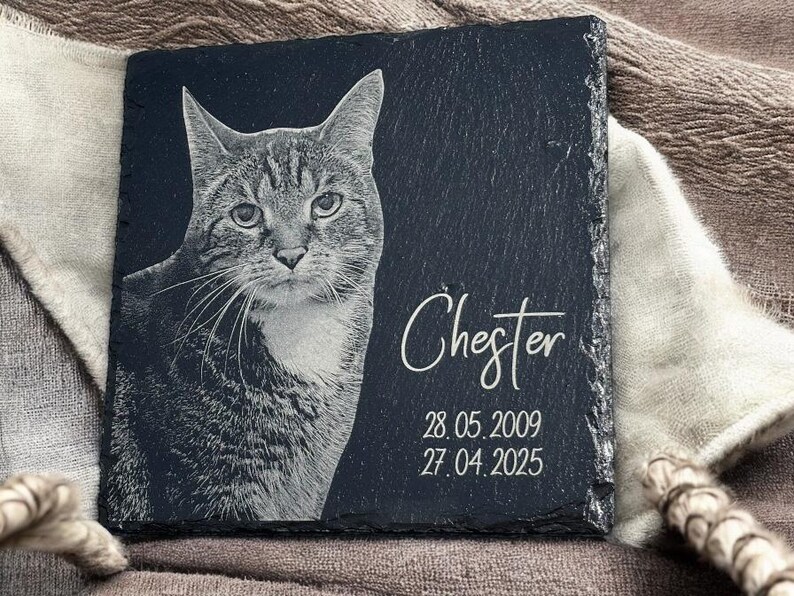 Puede incluir: Una placa cuadrada de pizarra gris oscuro con un retrato detallado de un gato. El nombre del gato, "Chester", y las fechas "28.05.2009" y "27.04.2025" est&aacute;n inscritos en escritura blanca. La placa tiene una superficie texturizada.