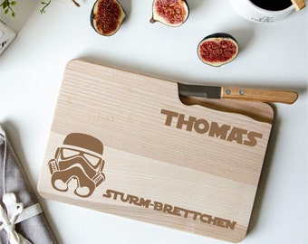 Planche de petit-déjeuner personnalisée avec nom et couteau, design Stormtrooper