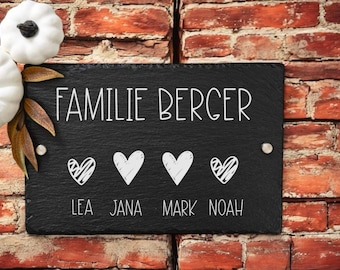 Letrero de puerta de pizarra con forma de corazón personalizado, nombre de familia grabado, regalo de inauguración de la casa, regalo de bodas, resistente a la intemperie, hardware de montaje incluido.
