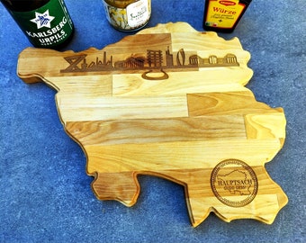 Saarlandbrett aus Holz, Frühstücksbrettchen mit der Skyline des Saarlandes, Geschenkidee aus dem Saarland, Geschenk zum Geburtstag