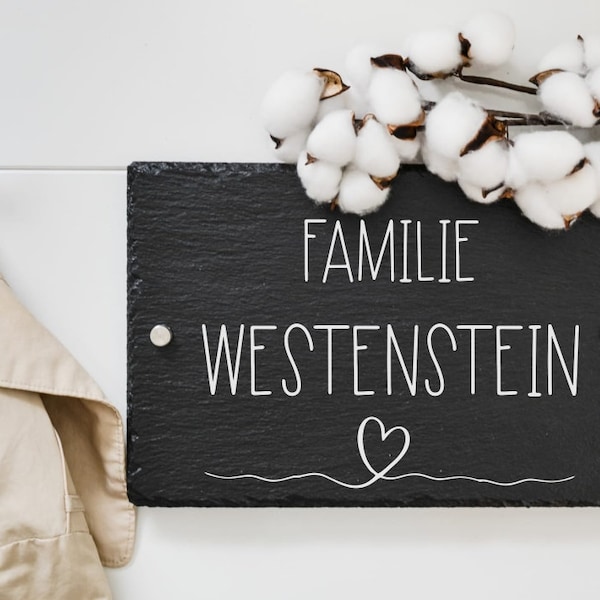 Türschild mit Namen für Familien aus Schiefer mit Gravur, personalisiertes Hausschild mit Befestigungsmaterial, Wanddekoration