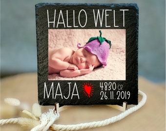 Fotogeschenk Geburtstafel auf Stein, Geschenkidee mit Foto auf Schiefer von Babys