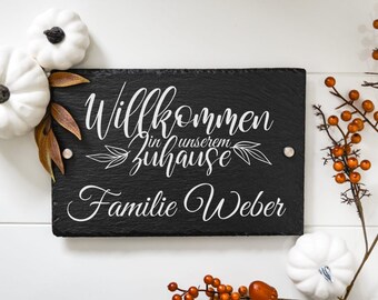 Door sign family with name made of slate, personalized house sign for outdoor use, including mounting materials, wall decoration