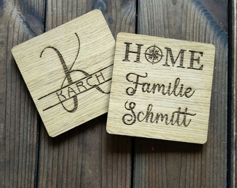 Personalized wooden coasters | Wooden coasters engraved with family names | Custom designs for glass coasters