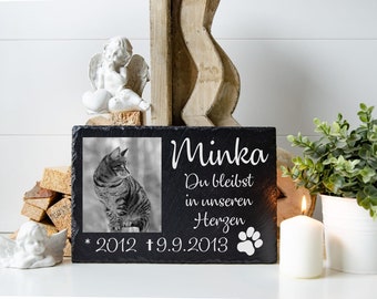 Commemorative plaque personalized made of slate with photo and name, grave decoration animals