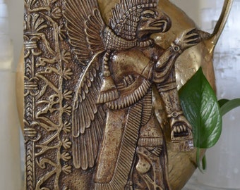 Sumerian Bird God Artifact Replica, Brass Color Resin Wall Plaque, Father Crespi Lost Collection