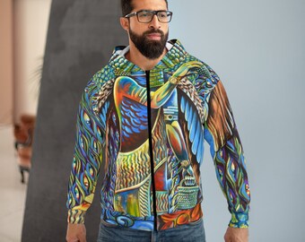 Living Beings, Anunnaki, Enki, Colorful, Unisex Zip Hoodie (AOP) based on the famous painting (Living Beings) by Victor Rosario.