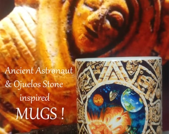 Solar Gata, Ojuelos Stones inspired Artwork. Ancient Alien Mugs, Aztec Star Gate, UFO Coffee Mug, pleiades space Mug