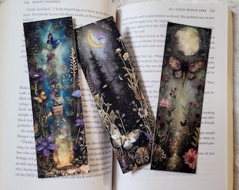 Dark Fantasy Forest Soft Touch Bookmarks | Moth Butterfly | Mystical | Crescent Moon | Bookmark Set | Enchanted Forest | Gothic | Apothecary
