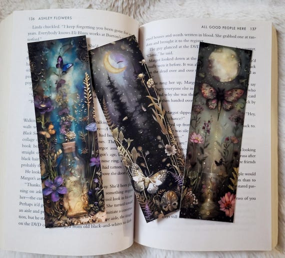 Dark Fantasy Forest Soft Touch Bookmarks | Moth Butterfly | Mystical | Crescent Moon | Bookmark Set | Enchanted Forest | Gothic | Apothecary