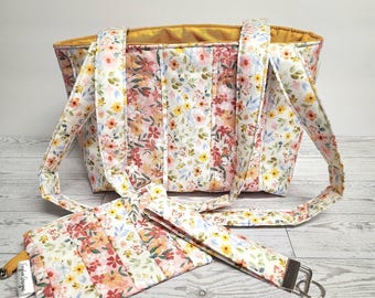 Patchwork Quilted Floral Bag Set | Cute Tote Set | Shoulder Purse | Country Chic | Wristlet | Keychain Bag | Long Strap Purse | Cottagecore