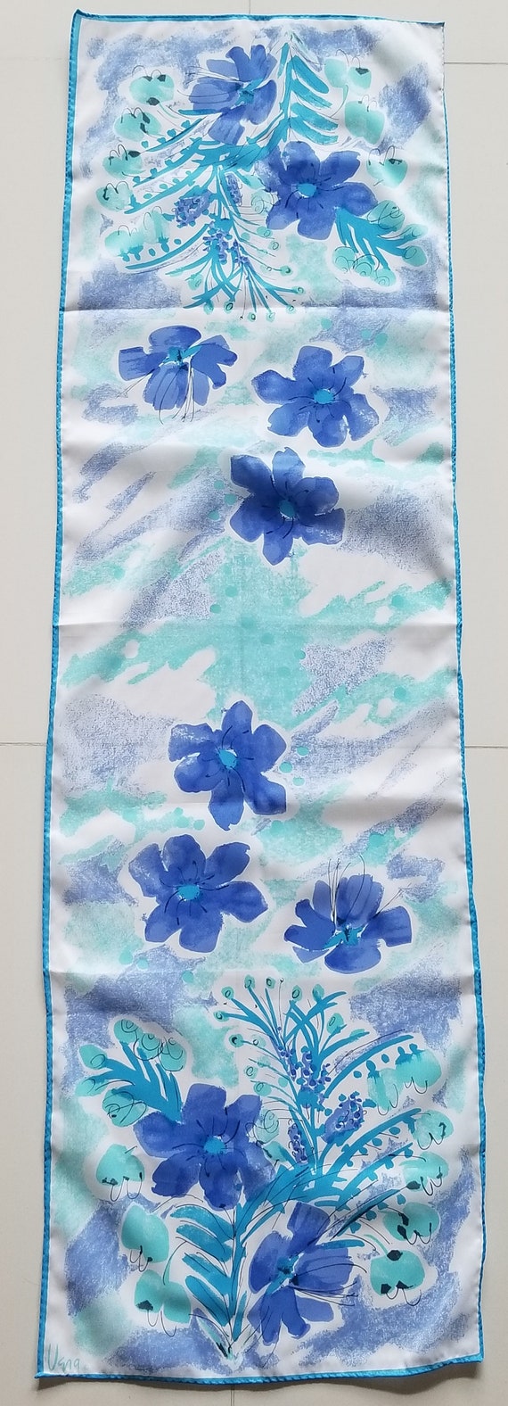 Vintage Vera Neumann Blue Floral Rectangle Scarf