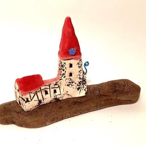 Small chapel with bell tower on wood miniature ceramic collectible tiny house ceramic house clay house ceramic sculpture house pottery