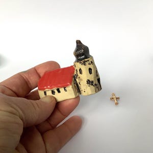Miniature ceramic with bell tower small chapel collector&#39;s item tiny house miniature house ceramic house clay house ceramic sculpture house pottery