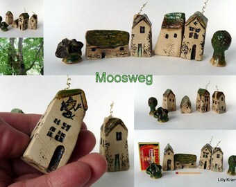 4 miniature ceramic houses + 2 trees, art ceramics, housewarming gift, collectibles, tiny house, fairy house, miniature house, Saalfeld, city