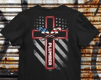 American Plumber Unisex T-Shirt, USA Flag Plumber Shirt, American Flag Plumber Cross Tee, Plumber Tool Shirt #flagcross-plumber
