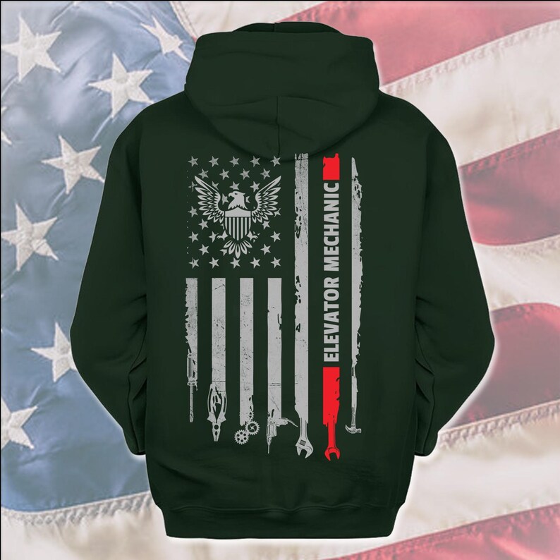 American Elevator Mechanic T-Shirt, US Flag Elevator Mechanic Shirt, Gift For Elevator Mechanic, Elevator Mechanic Shirt, @flagtool-elevator Hoodie Forest Green