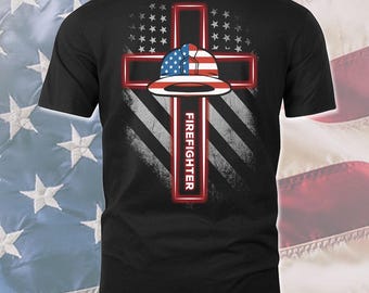 Camiseta de bombero, camiseta de regalo de bombero estadounidense con cruz, camiseta de bombero para bombero, camiseta con bandera de EE. UU. #flagcross-firefighter