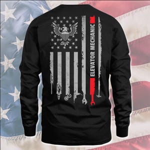 American Elevator Mechanic T-Shirt, US Flag Elevator Mechanic Shirt, Gift For Elevator Mechanic, Elevator Mechanic Shirt, @flagtool-elevator Longsleeve Black