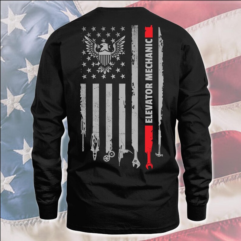 American Elevator Mechanic T-Shirt, US Flag Elevator Mechanic Shirt, Gift For Elevator Mechanic, Elevator Mechanic Shirt, @flagtool-elevator Longsleeve Black