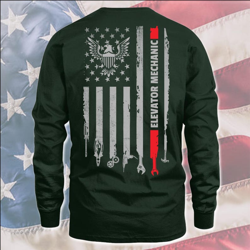 American Elevator Mechanic T-Shirt, US Flag Elevator Mechanic Shirt, Gift For Elevator Mechanic, Elevator Mechanic Shirt, @flagtool-elevator Longsleeve F Green