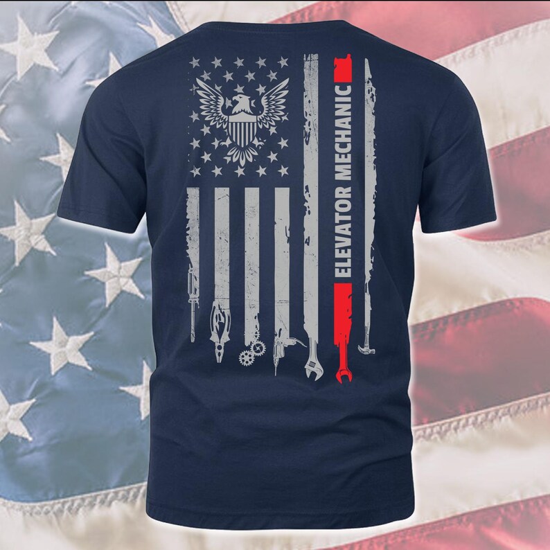 American Elevator Mechanic T-Shirt, US Flag Elevator Mechanic Shirt, Gift For Elevator Mechanic, Elevator Mechanic Shirt, @flagtool-elevator T-shirt Navy