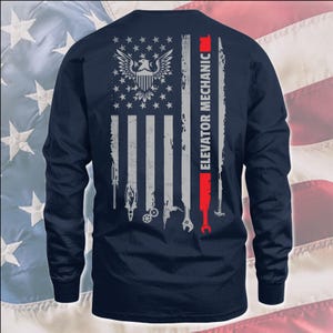 American Elevator Mechanic T-Shirt, US Flag Elevator Mechanic Shirt, Gift For Elevator Mechanic, Elevator Mechanic Shirt, @flagtool-elevator Longsleeve Navy