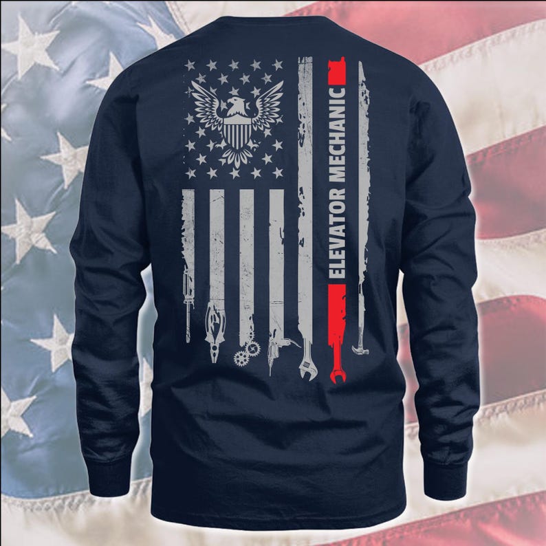 American Elevator Mechanic T-Shirt, US Flag Elevator Mechanic Shirt, Gift For Elevator Mechanic, Elevator Mechanic Shirt, @flagtool-elevator Longsleeve Navy