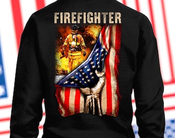 Camiseta de bombero, regalo de bombero estadounidense, sudadera con capucha y diseño de bandera de EE. UU., camiseta de bombero orgulloso #flaghand-firefighter