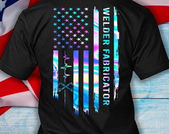American Welder Fabricator T-Shirt: USA Flag Heartbeat Graphic