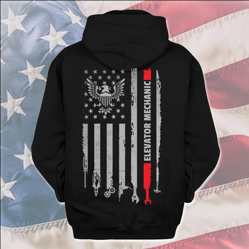 American Elevator Mechanic T-Shirt, US Flag Elevator Mechanic Shirt, Gift For Elevator Mechanic, Elevator Mechanic Shirt, @flagtool-elevator Hoodie Black