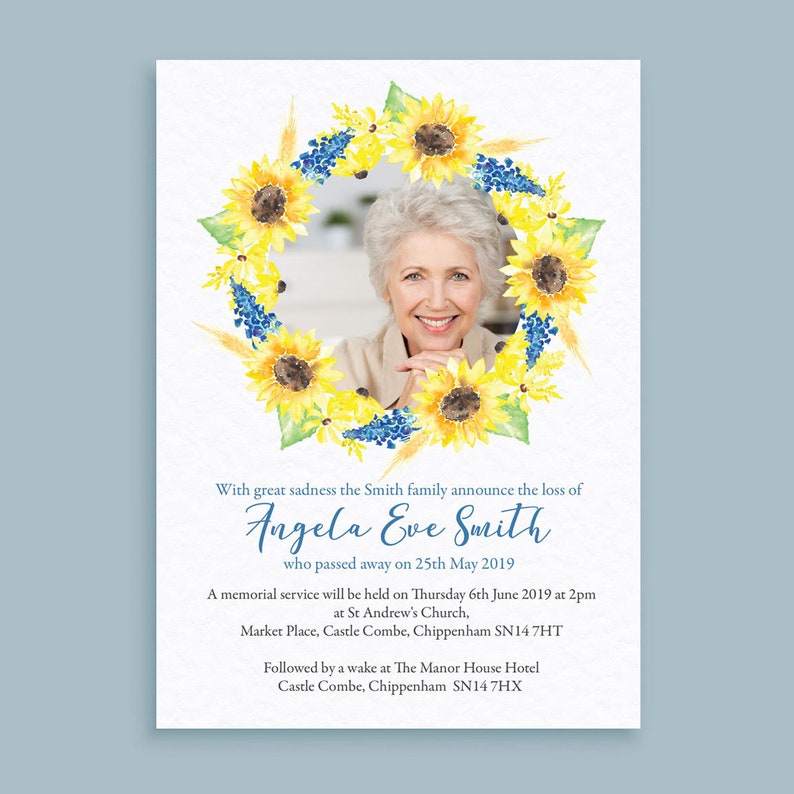PersonalisedPrinted Bright Sunflower Yellow and Cornflower Blue Funeral Memorial Service A6 Announcement Invitation Cards /& Envelopes