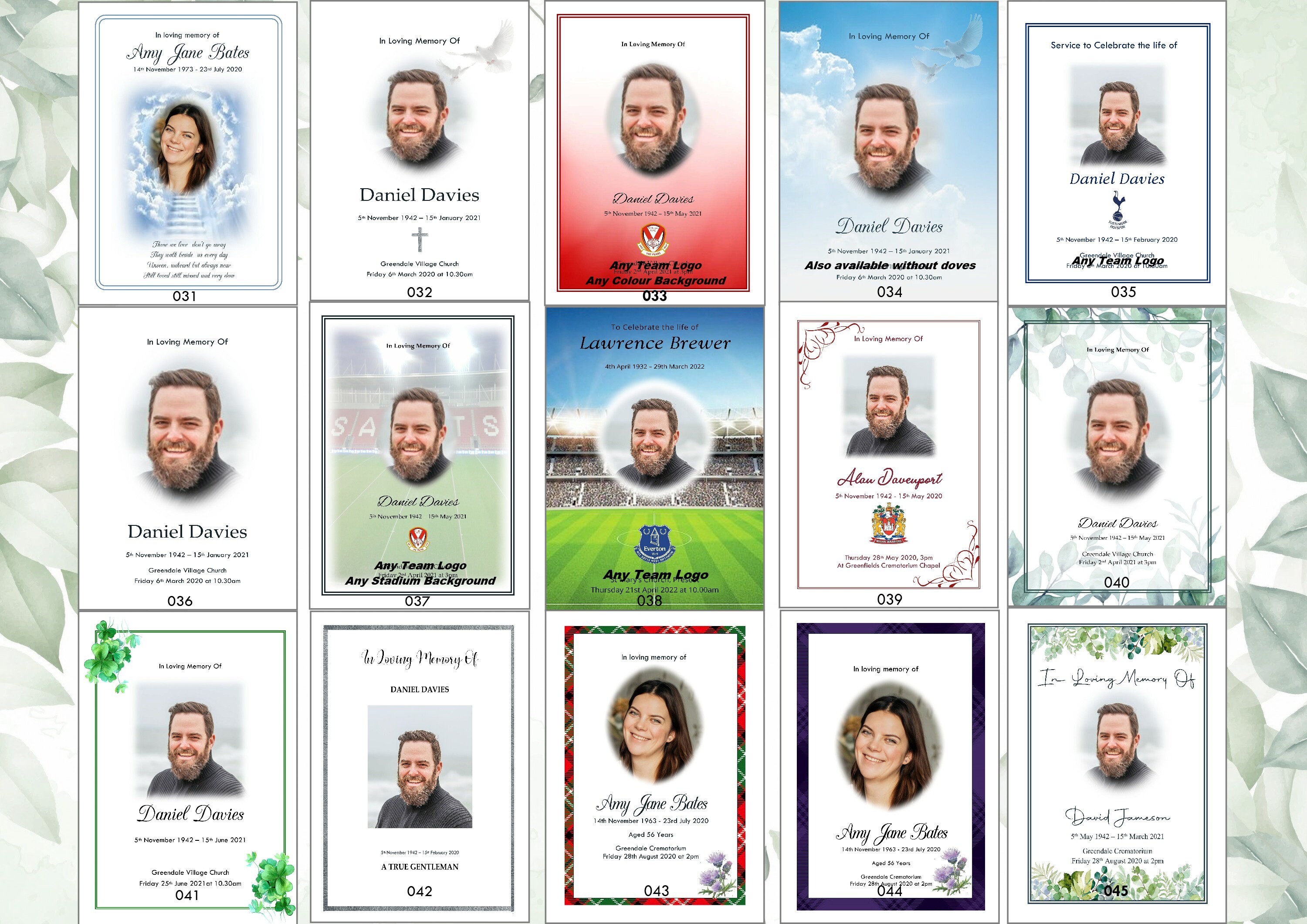 Personalised Funeral Order of Service Cards, Laminated Memory Cards