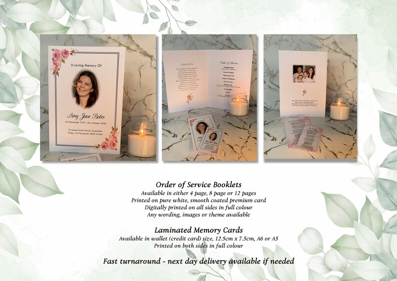 Personalised Funeral Order of Service Cards, Laminated Memory Cards