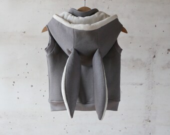 Cute gray kids vest with bunny ears // Zipper sweatshirt fabric // Children hooded vest // Beautiful hooded waistcoat //1st anniversary gift