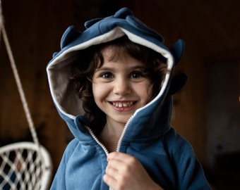 Blue baby overall with dragon ears and spikes // Warm coverall with zipper and pockets