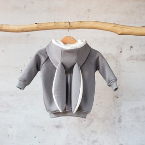 Gray cute hoodie with bunny ears, Unisex fit back to school clothes, Awesome gift for kids image 4