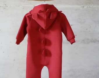 Raspberry baby overall with dragon ears and spikes // Warm coverall with zipper and pockets