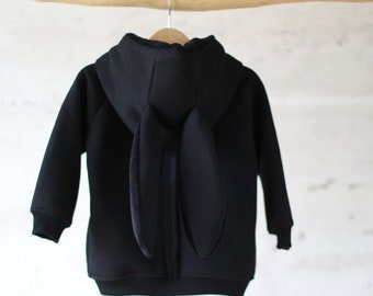 Black cute hoodie with bunny ears, Unisex fit back to school clothes, Awesome gift for kids