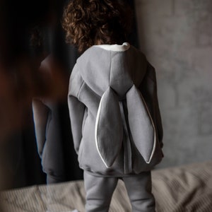 Gray cute hoodie with bunny ears, Unisex fit back to school clothes, Awesome gift for kids image 3