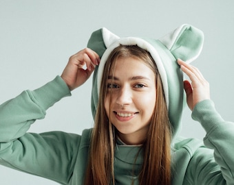 Sudadera con capucha y orejas de gato, jersey de mezcla de algodón, sudadera para amantes de los animales