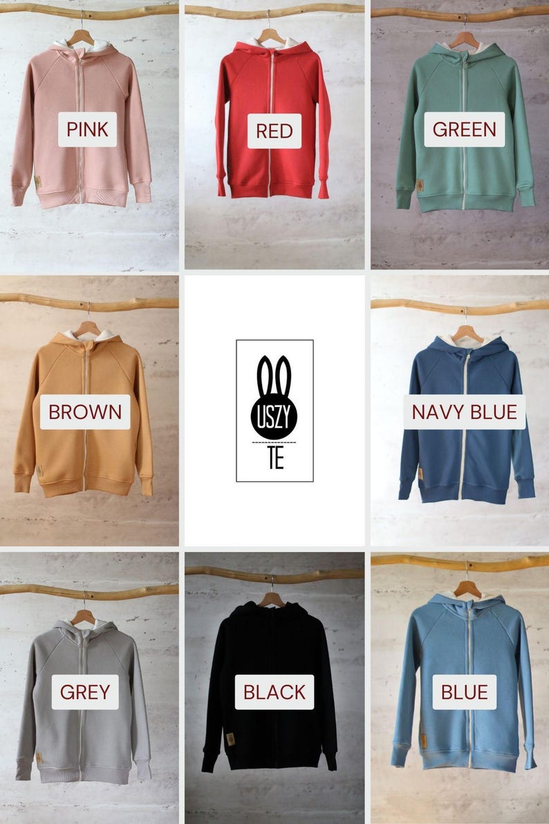 May include: Nine different color hooded sweatshirts with a zipper closure. The colors are pink, red, green, brown, navy blue, grey, black, and blue. The sweatshirts have a white hood lining. The logo "USZY TE" is displayed in the center of the image.