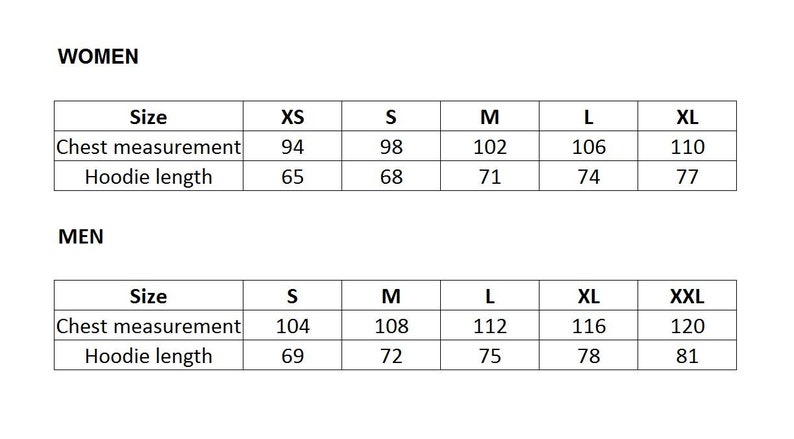 May include: Size chart for hoodies with measurements in inches for chest and length. The chart includes sizes XS, S, M, L, XL, and XXL for both men and women.